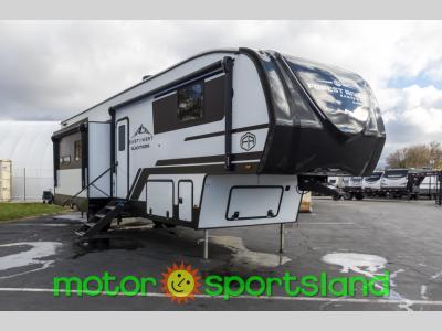 Angled front view of 2025 East to West Blackthorn 3400ROK fifth wheel at Motor Sportsland
