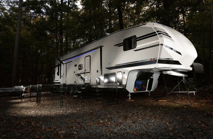 travel trailer at night with lights