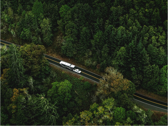 RV on Road in Woods