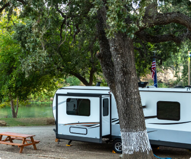 RV parked next to a lake