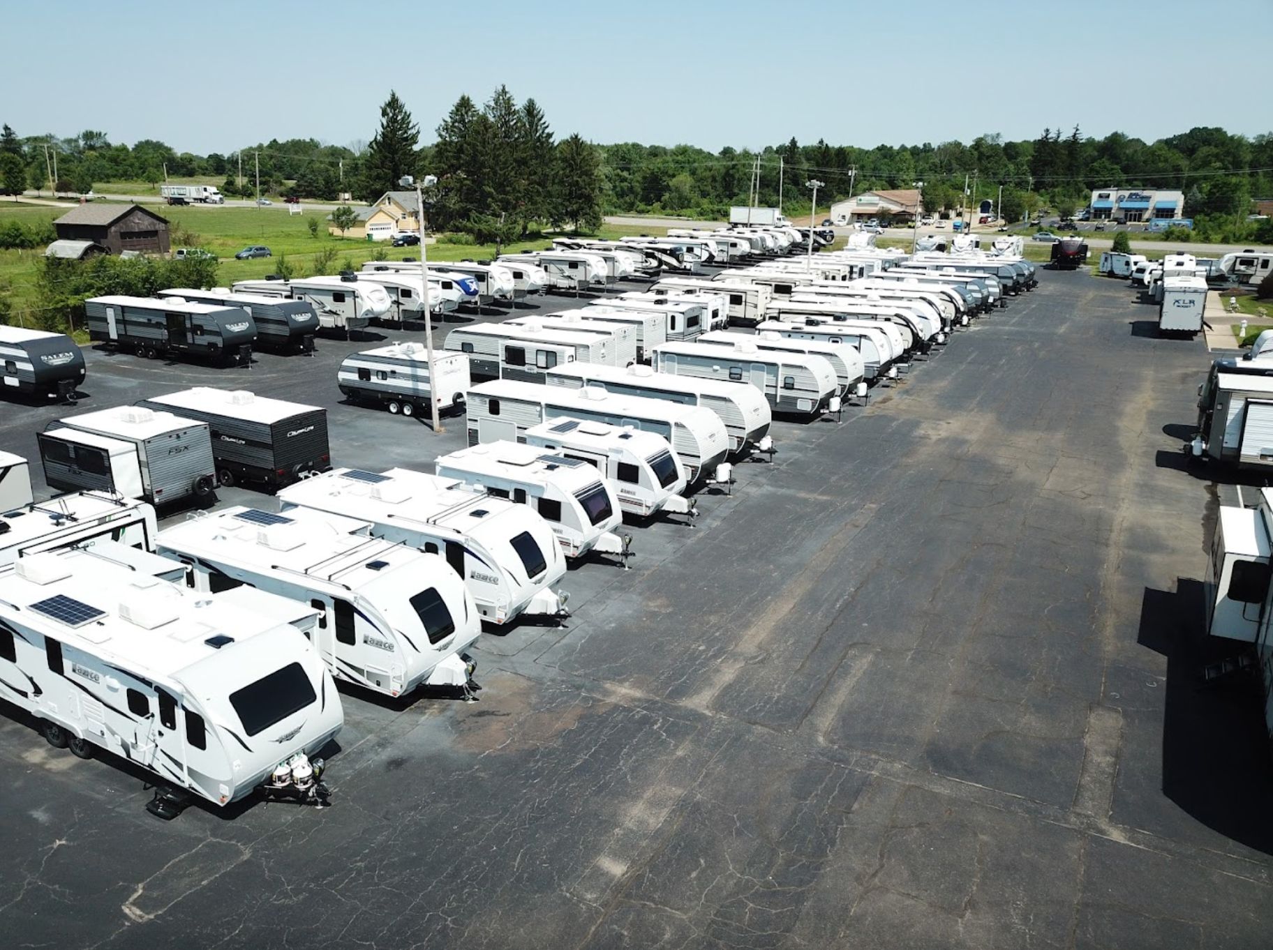 Overhead view of rows of RVs for sale at RCD RV Supercenter in Medina, OH