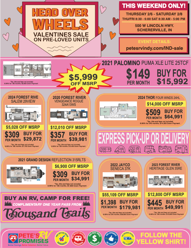 Pete's RV Indiana - Head Over Wheels - Valentines Sale