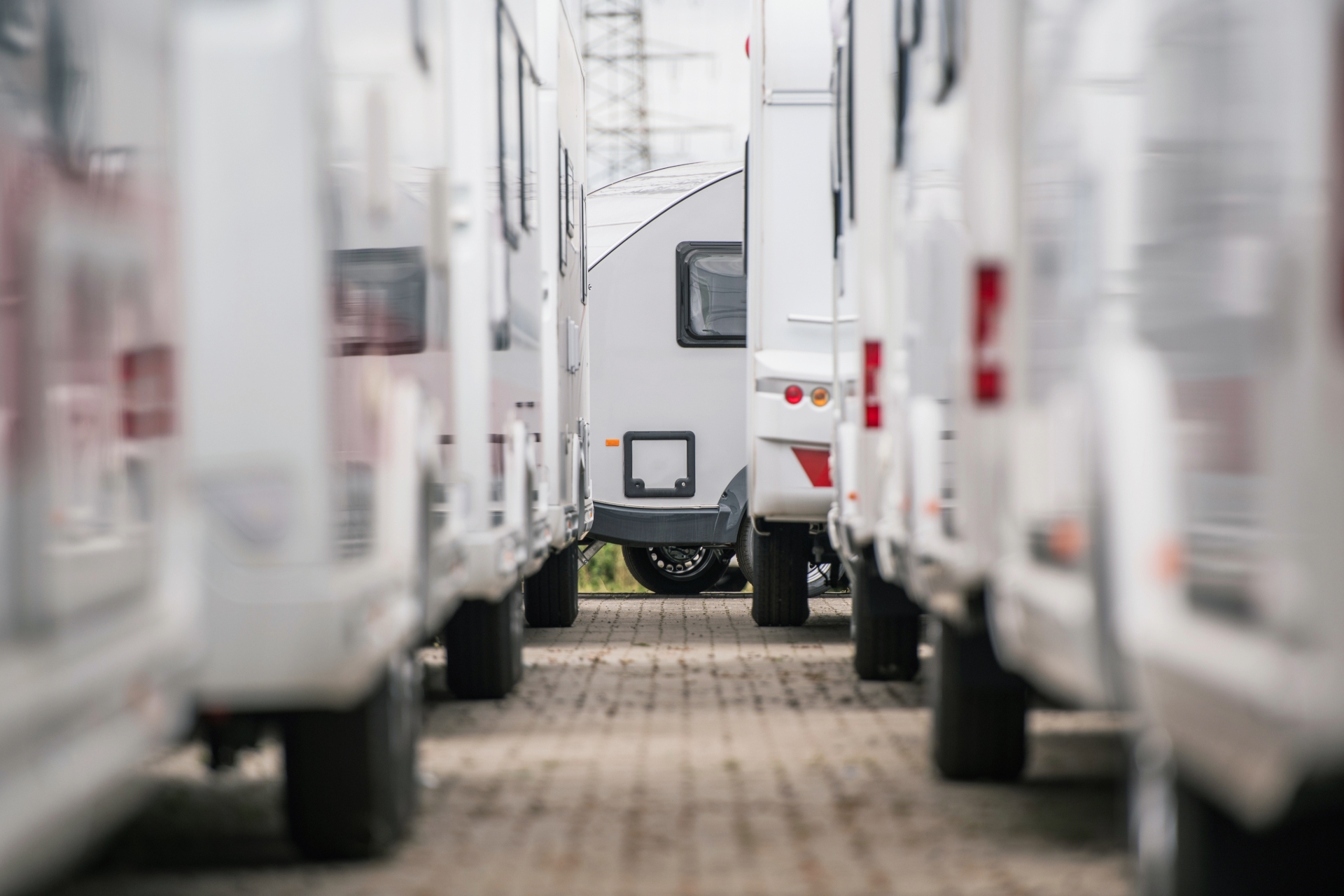 Group of RVs at a dealership.