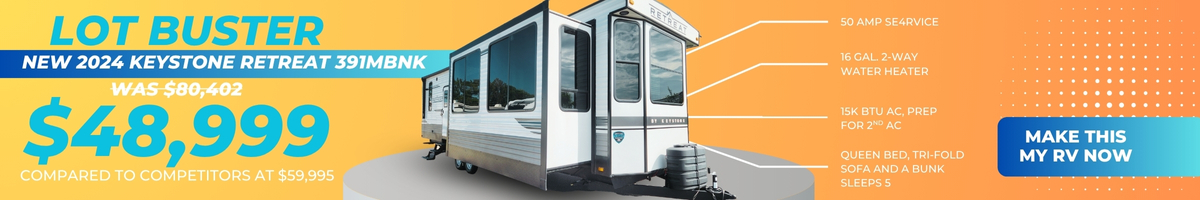 Lot Buster Brand New 2024 Keystone RV Retreat 391MBNK Destination Trailer