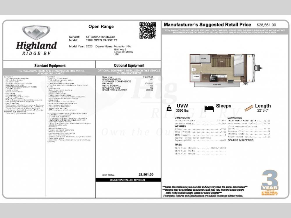 2025 Highland Ridge Open Range Conventional travel trailer 19BH