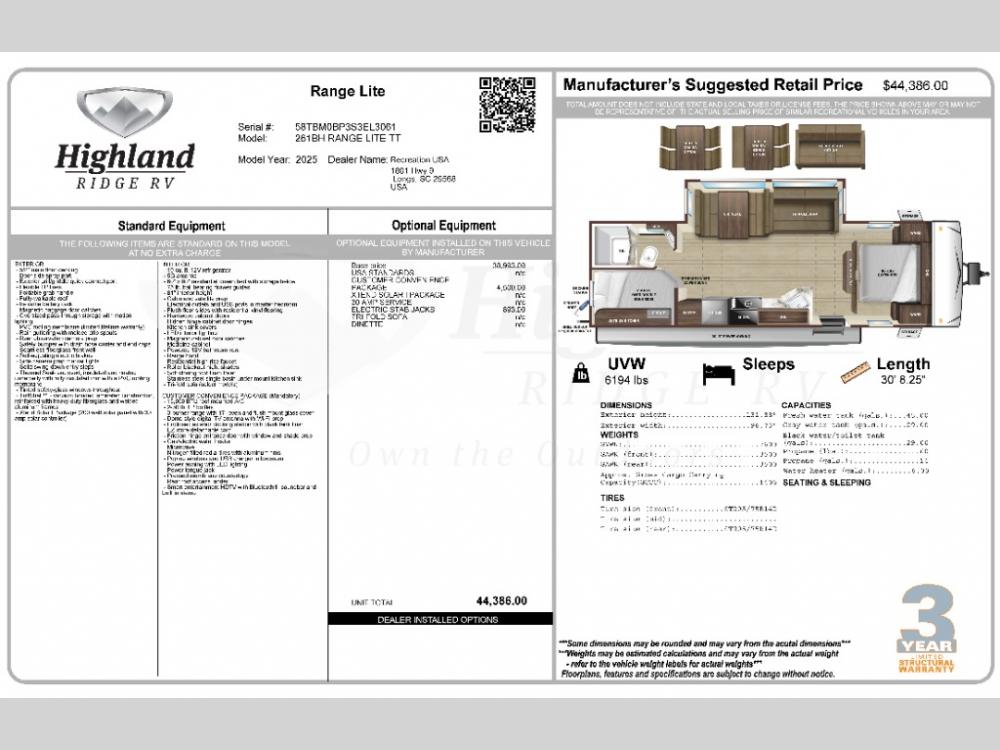 Brand New 2025 Highland Ridge RV Range Lite travel trailer 261BH