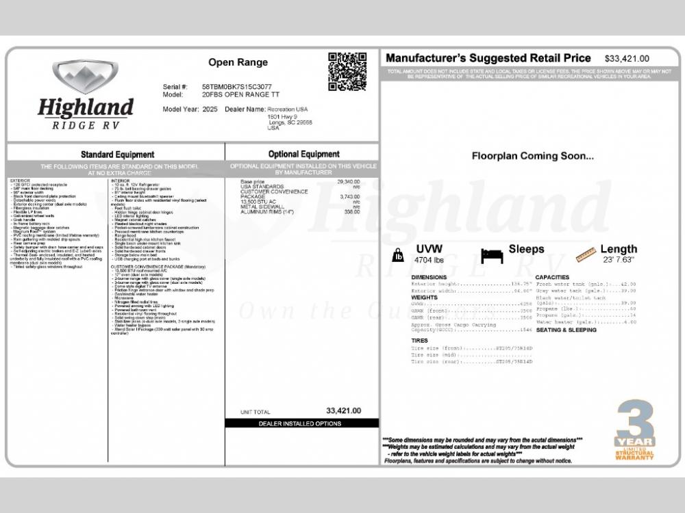 2025 Jayco Corp. Highland Ridge Open Range Conventional travel trailer 20FBS