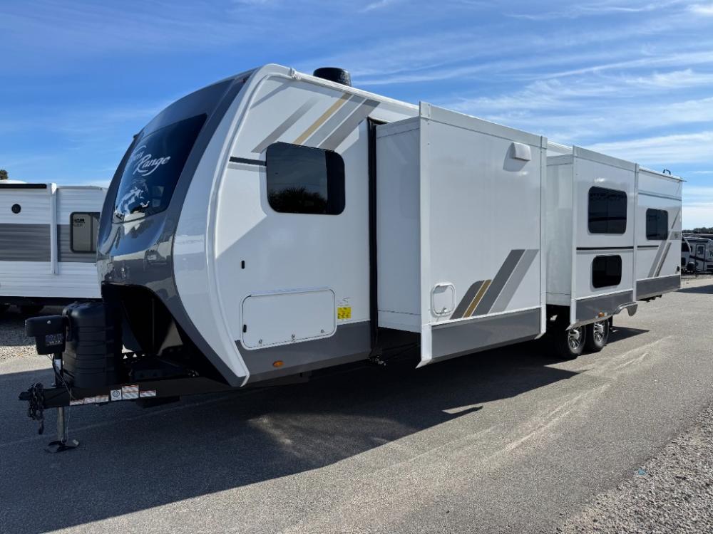 Exterior view of New 2026 Open Range 335RBS travel trailer with 4 slides and power awnings at Recreation USA South Myrtle Beach