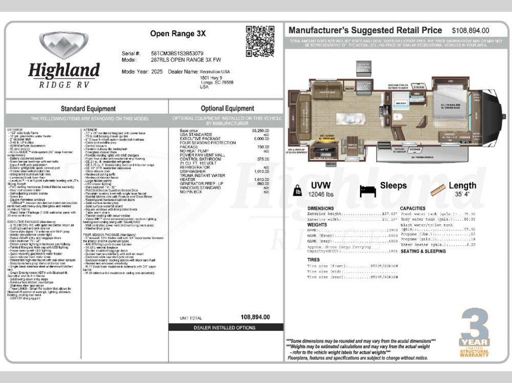 2025 Highland Ridge RV Open Range 3X fifth wheel 287RLS