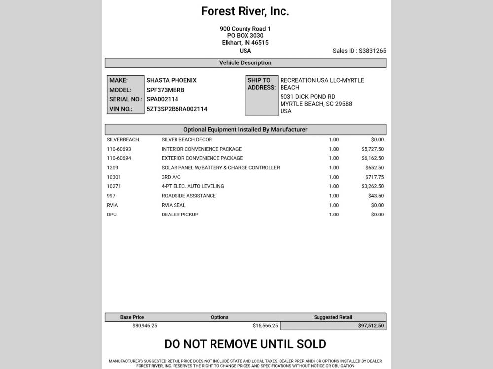 2024 Shasta RVs Phoenix fifth wheel 373MBRB