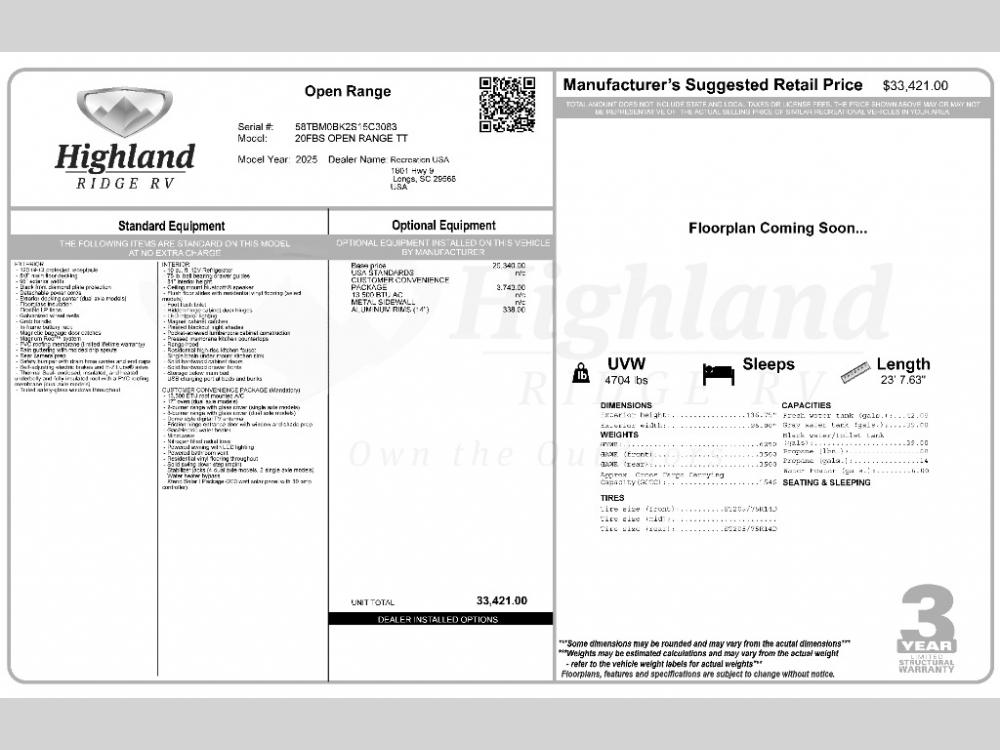 2025 Highland Ridge Open Range Conventional travel trailer 20FBS
