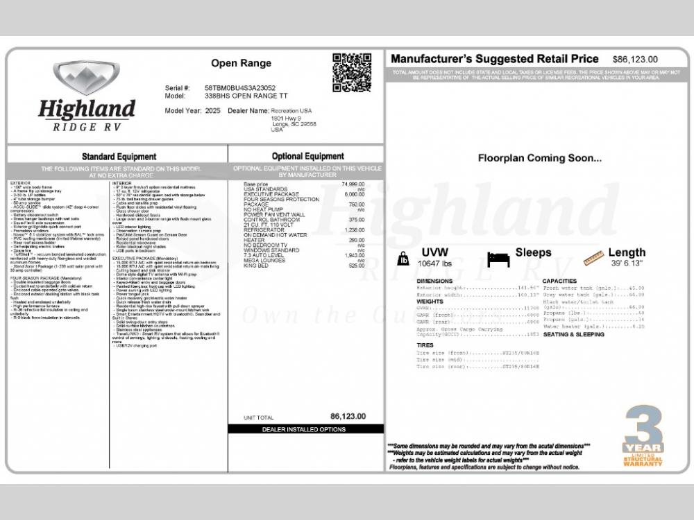 2025 Jayco Highland Ridge Open Range travel trailer 338BHS