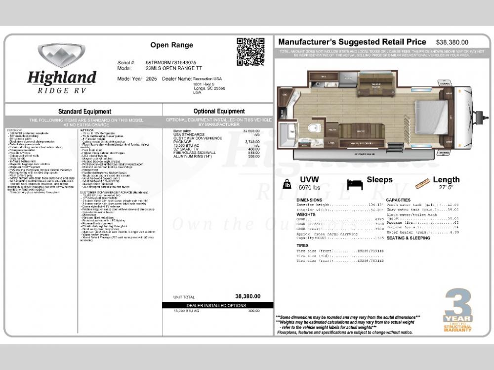 2025 Jayco Highland Ridge Open Range Conventional trailer 22MLS
