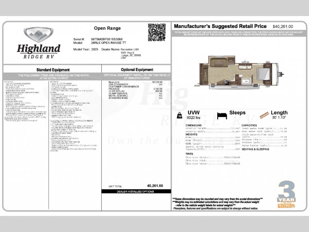 2025 Jayco Highland Ridge Open Range Conventional travel trailer 26RLS