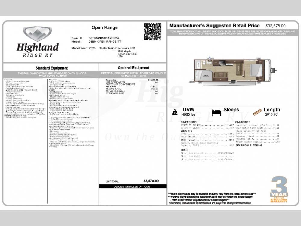 2025 Jayco Highland Ridge Open Range Conventional travel trailer 26BH