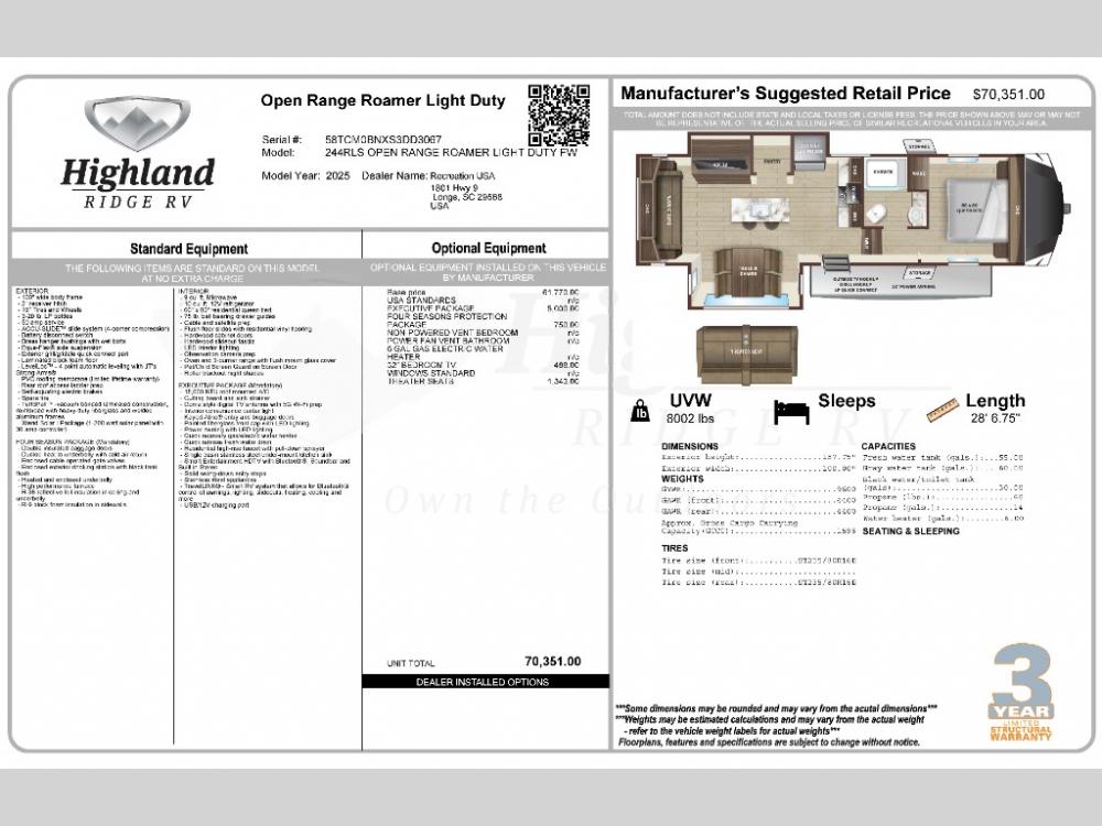 2025 Highland Ridge Roamer Light Duty FW 244RLS