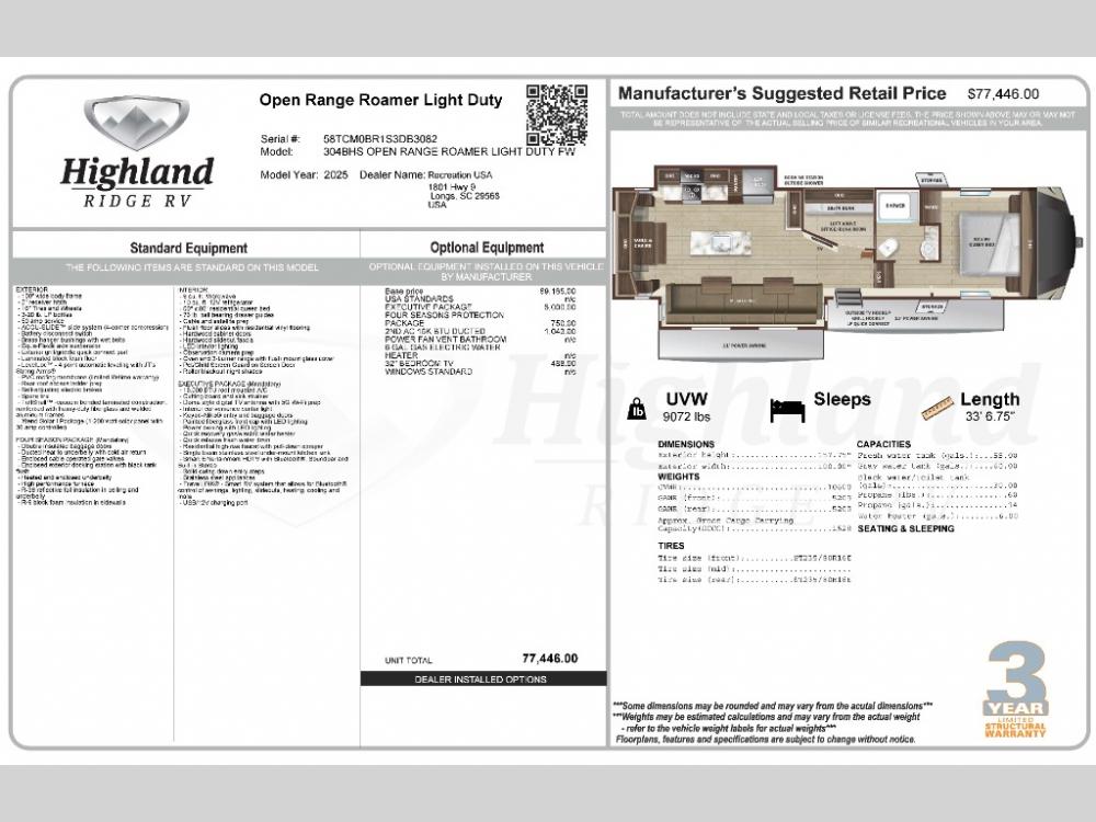 2025 Highland Ridge Roamer Light Duty fifth wheel 304BHS