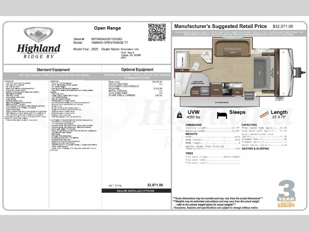 2025 Jayco Corp. Highland Ridge Open Range Conventional travel trailer 188BHS