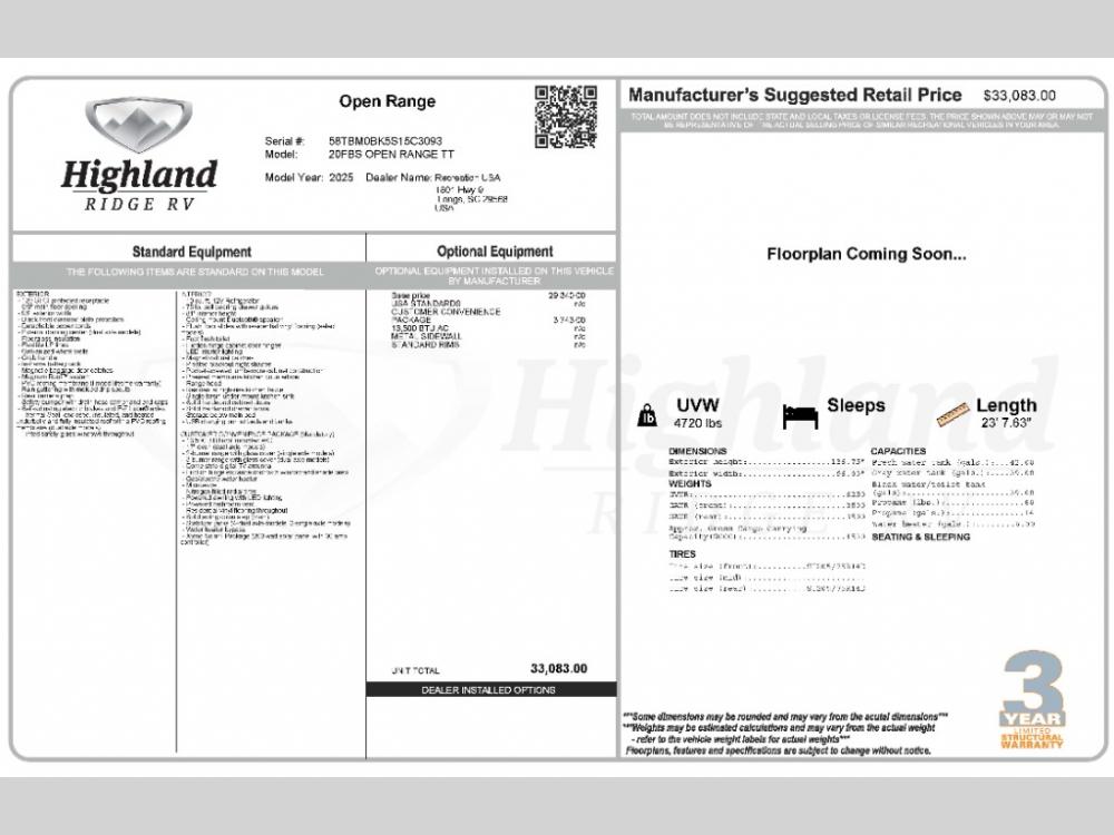 2025 Highland Ridge Open Range Conventional travel trailer 20FBS