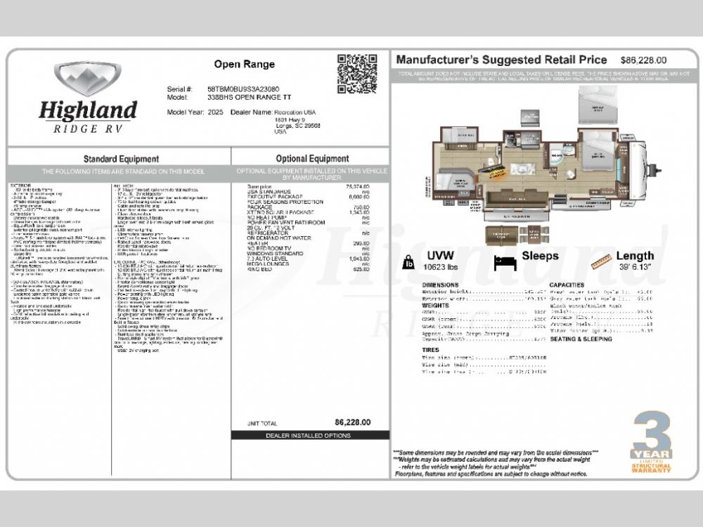 BRAND NEW 2025 Highland Ridge Open Range travel trailer 338BHS