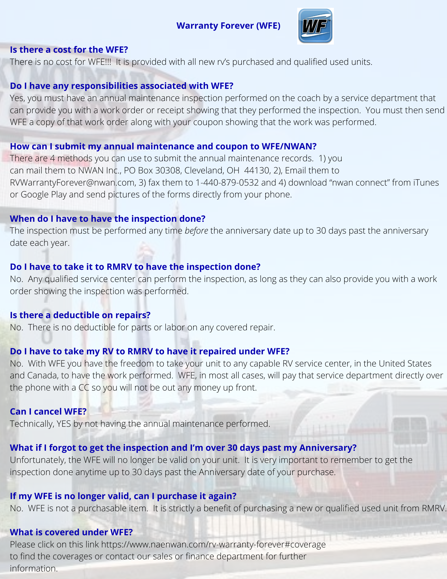 FAQ's About the RV Warranty Forever