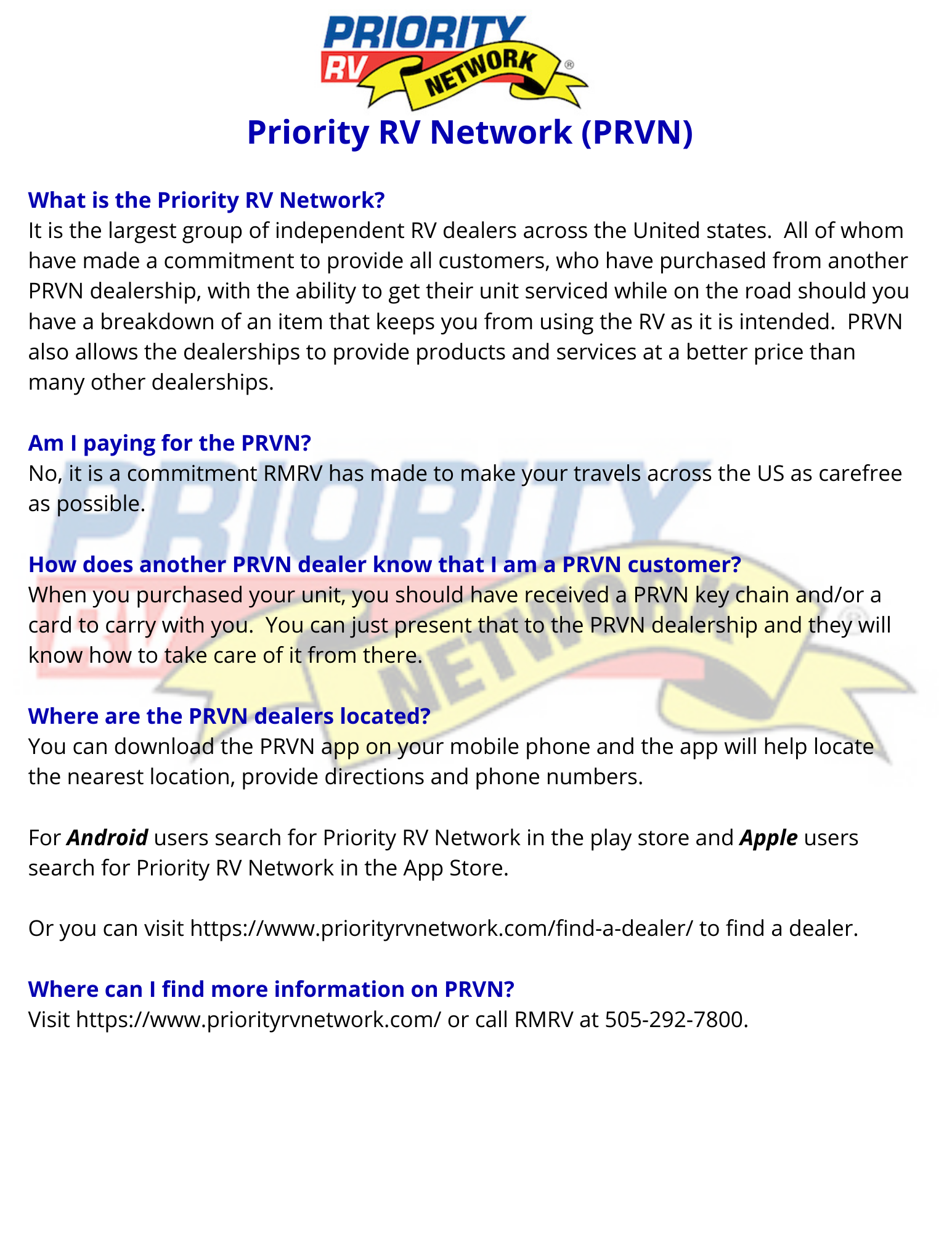 FAQ's About the Priority RV Network
