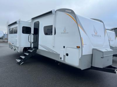 travel trailer with bunkhouse and kitchen island