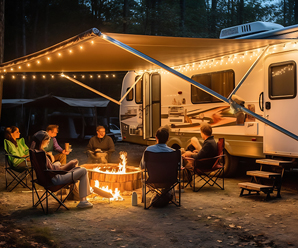 Family by campfire with RV