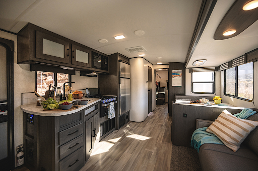 The modern but durable interior of the Cruiser RV MPG for sale in Baton Rouge.
