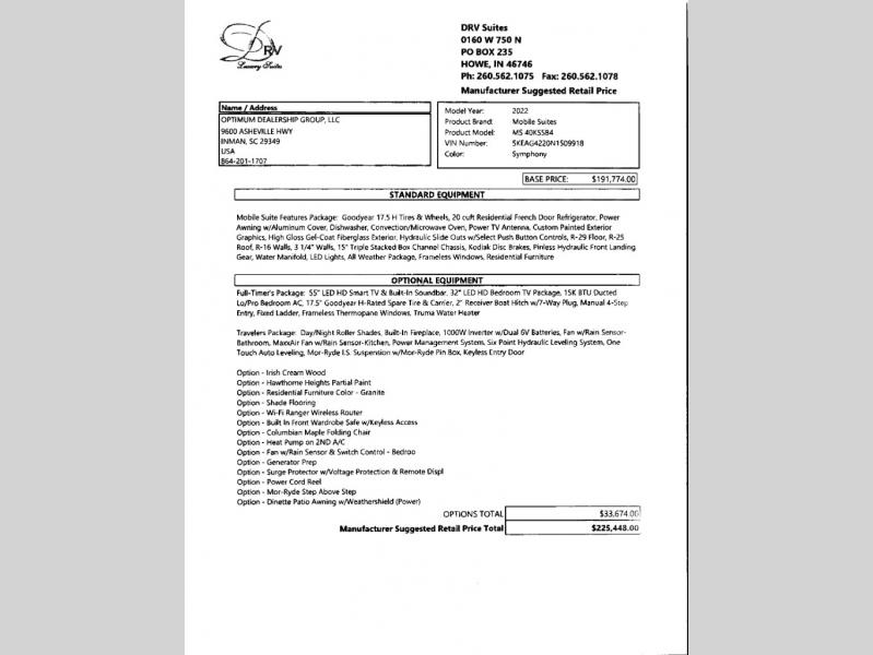 ORIGINAL MSRP SHEET LISTS OPTIONS AND COLORS